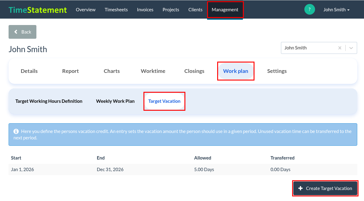 How do I set up and adjust the target vacation (annual vacation entitlement) for employees?