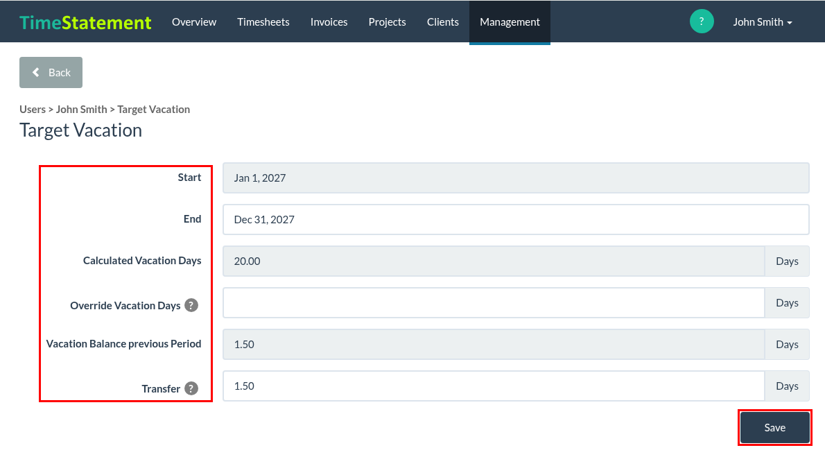 How do I set up and adjust the target vacation (annual vacation entitlement) for employees?