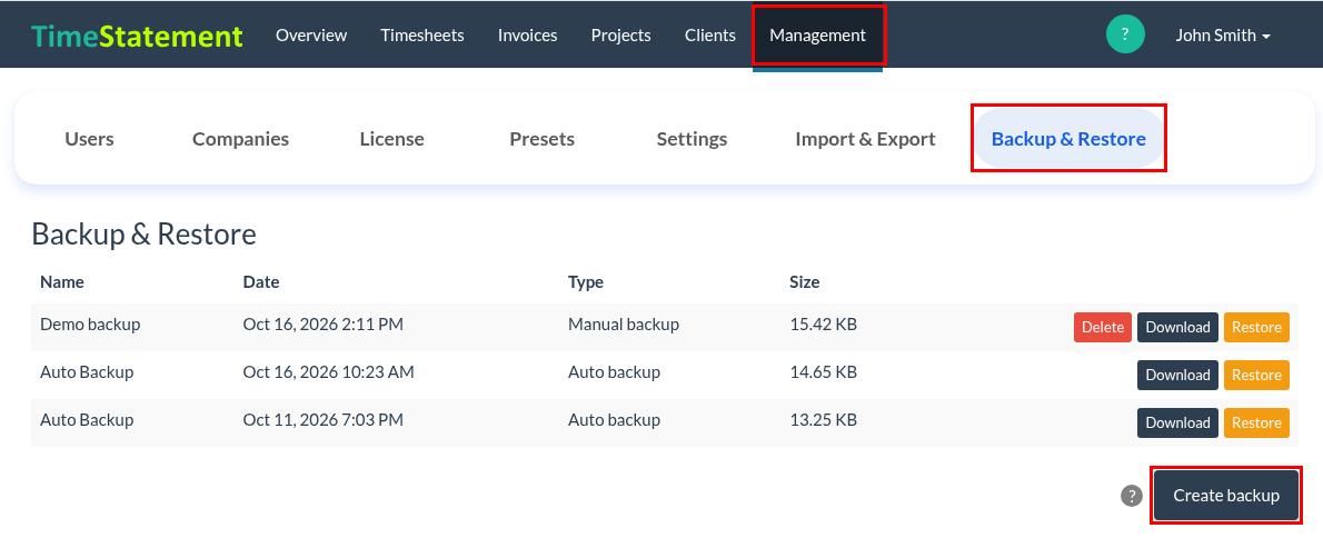 How do I create a backup and restore the system?