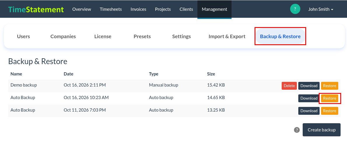 How do I create a backup and restore the system?