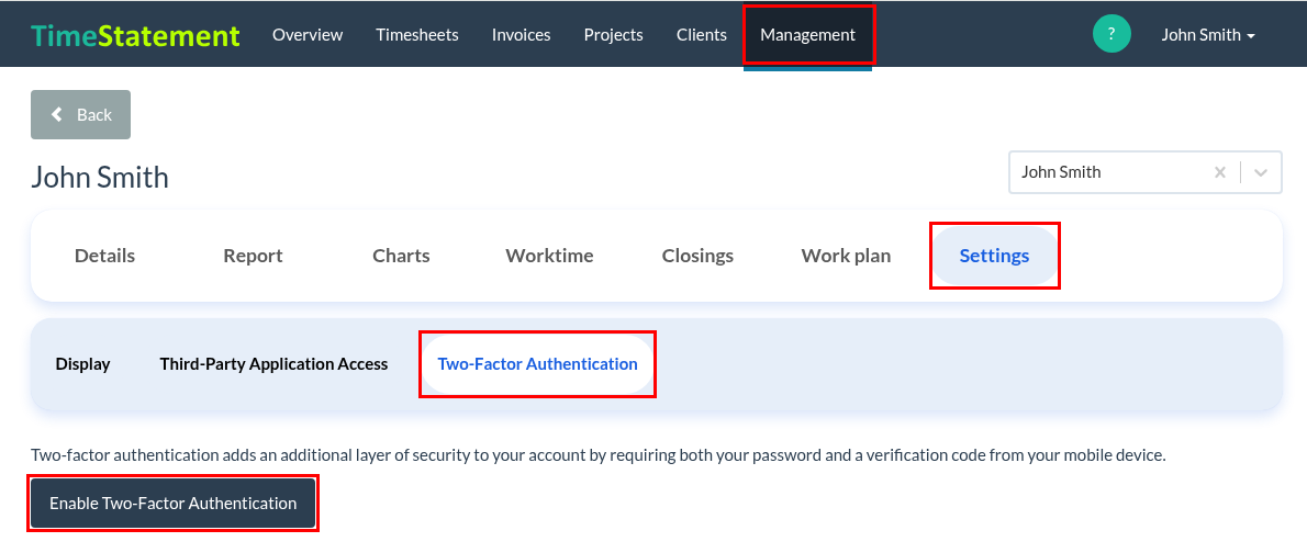 How do I enable two-factor authentication (2FA) in TimeStatement?