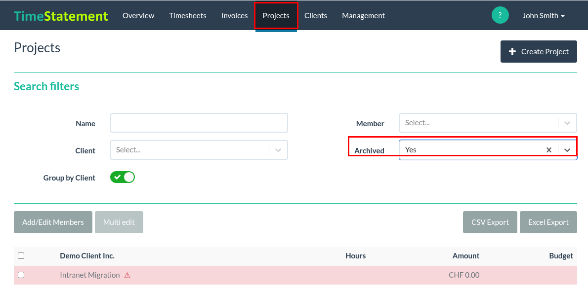 Archiving and restoring projects
