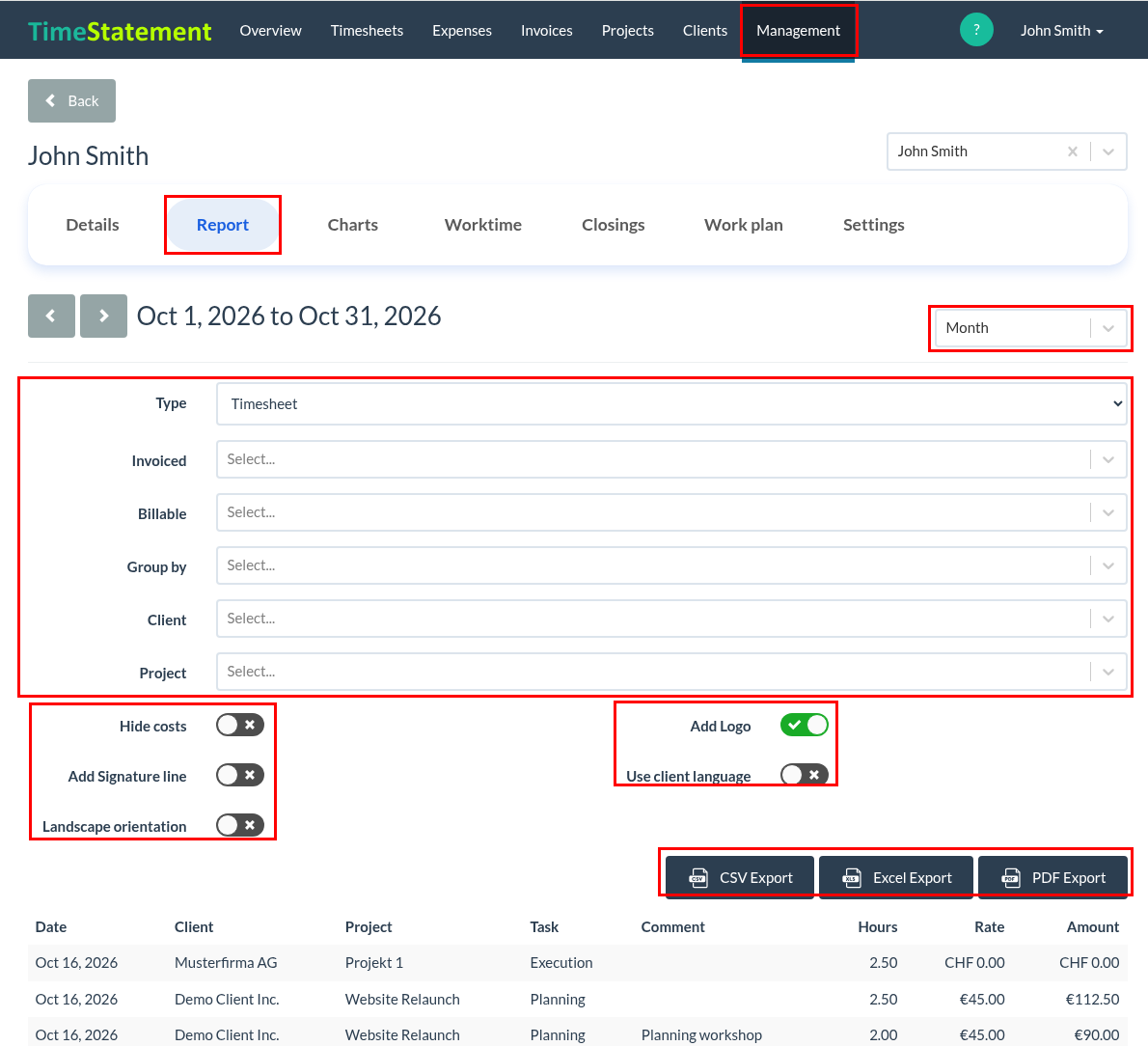 Viewing a user's project time and downloading reports