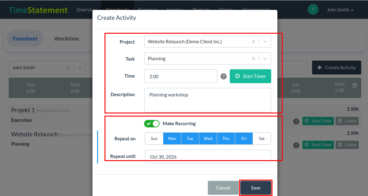 How do I record my project time, including the right settings?