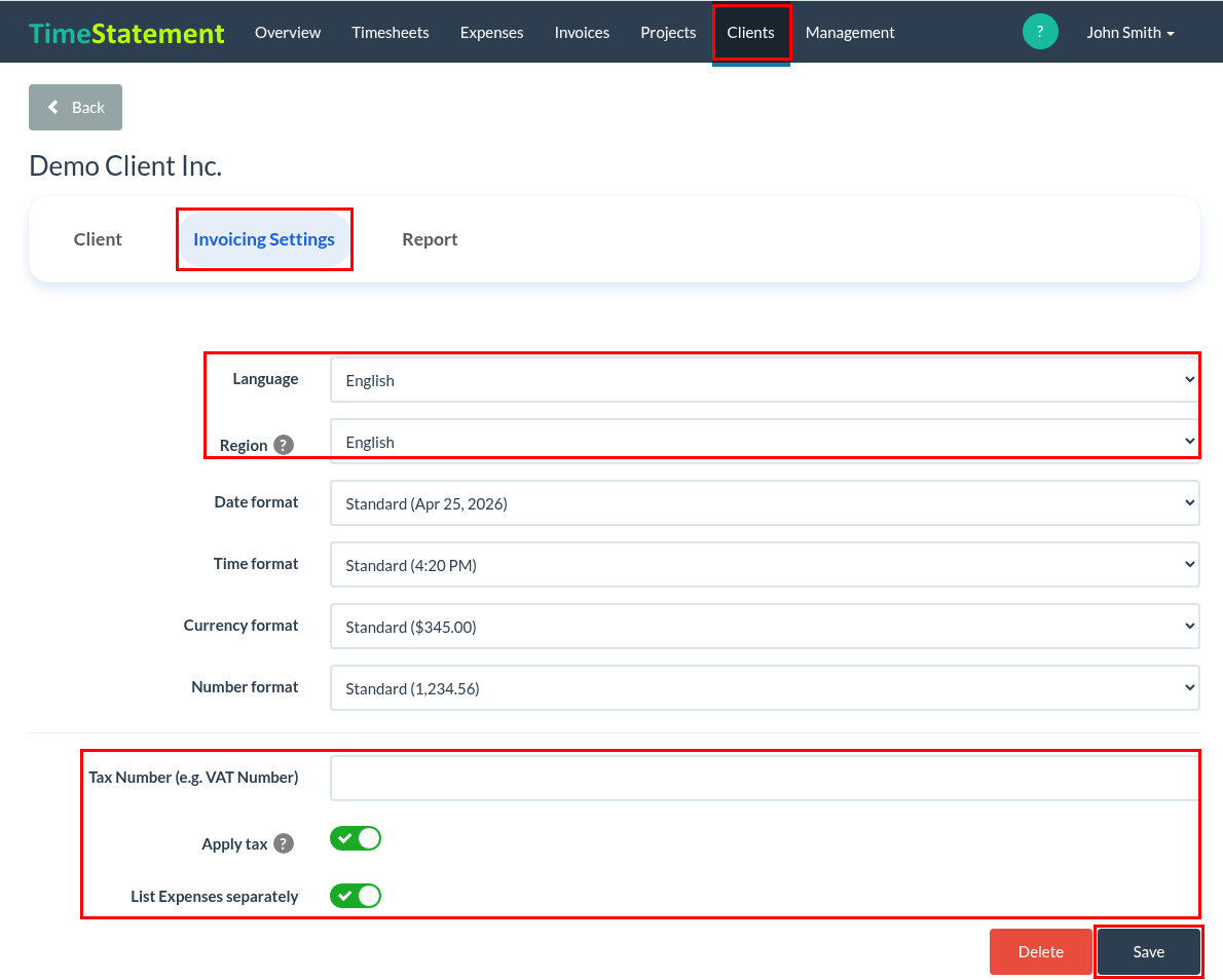 How do I add clients, including invoicing settings?