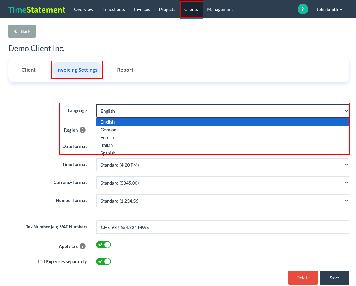 How do I create invoices in other languages?
