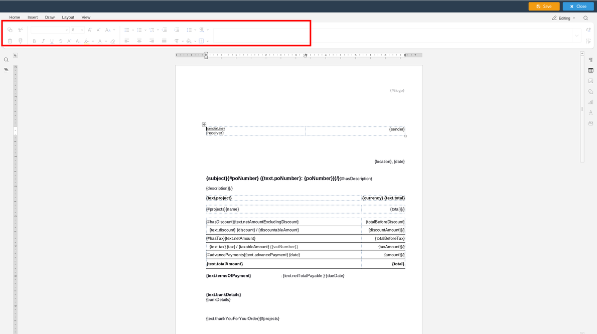 How do I customize the layout of my invoice template?