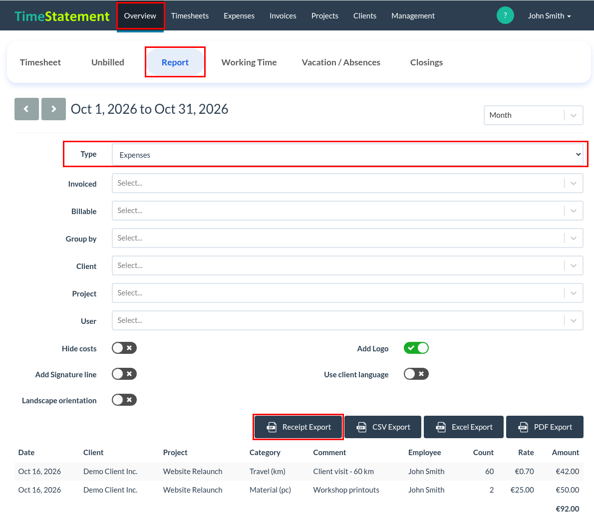 Uploading expense receipts and exporting them for reports and invoices