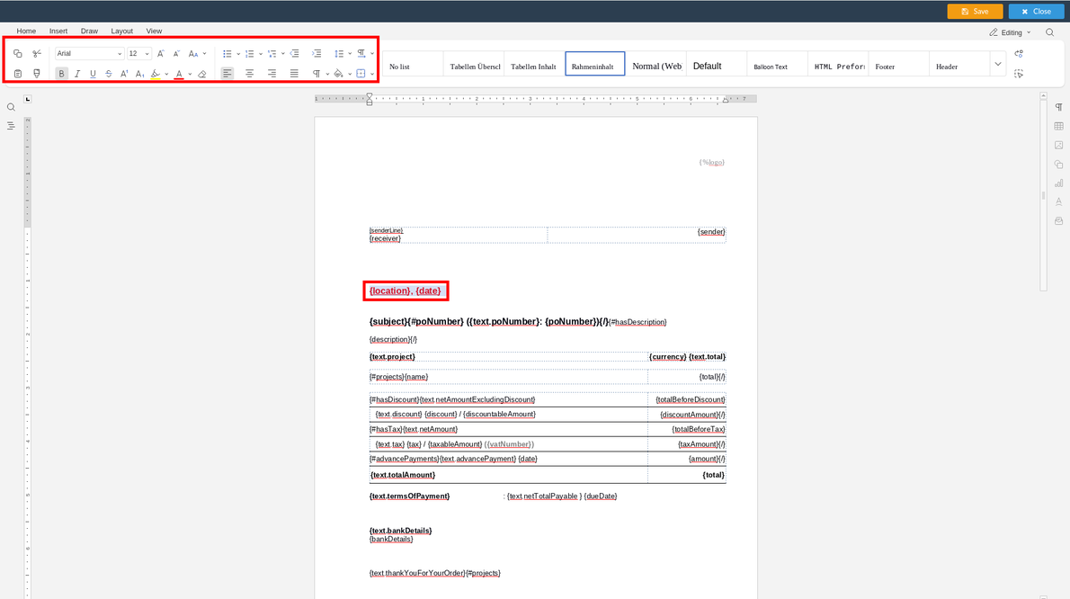 How do I customize the layout of my invoice template?