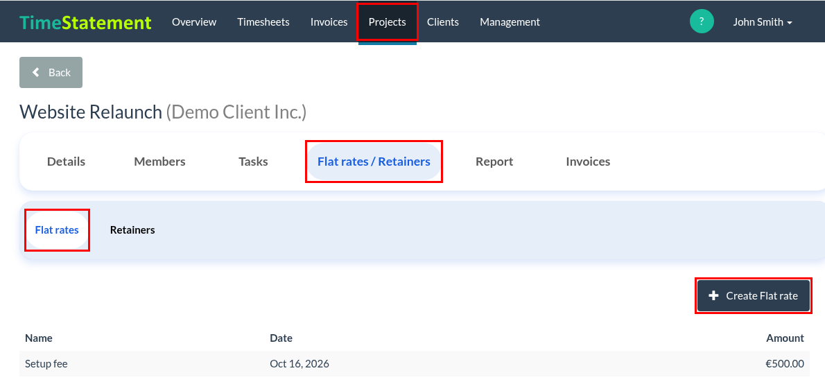 How do I set up flat rates and retainers in a project?