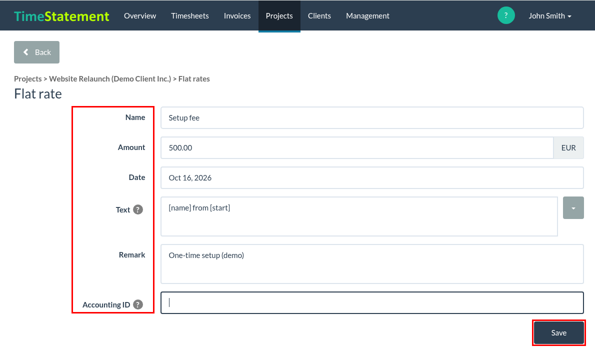 How do I set up flat rates and retainers in a project?