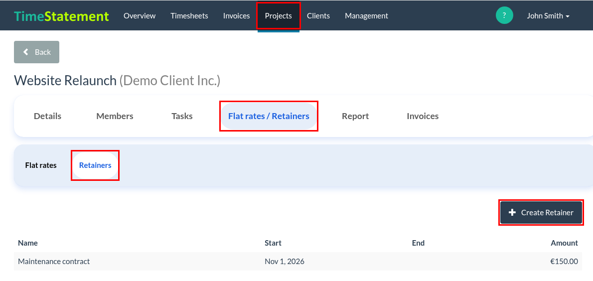 How do I set up flat rates and retainers in a project?