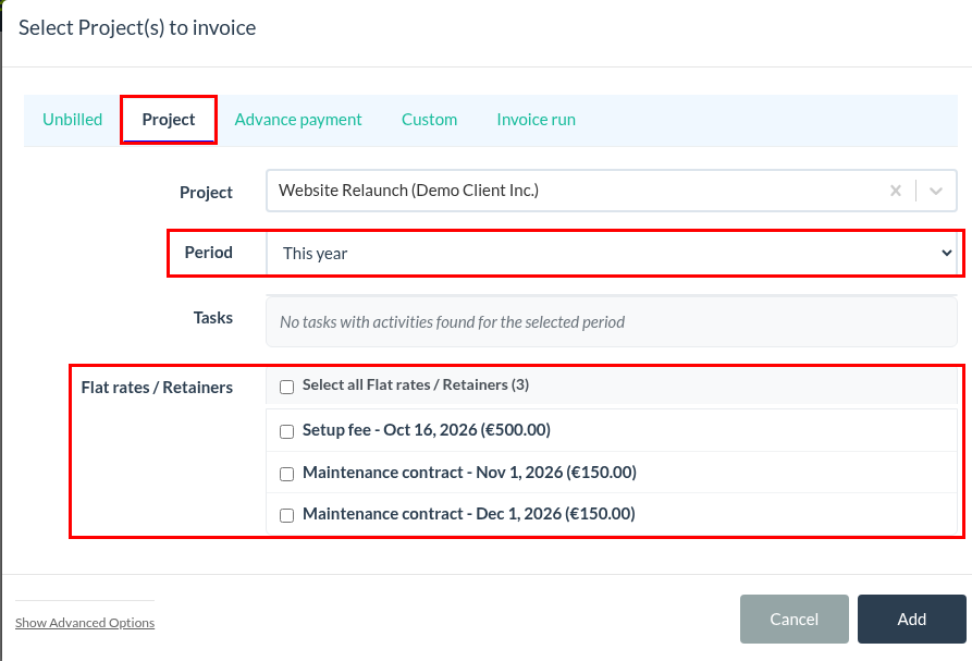 How do I set up flat rates and retainers in a project?