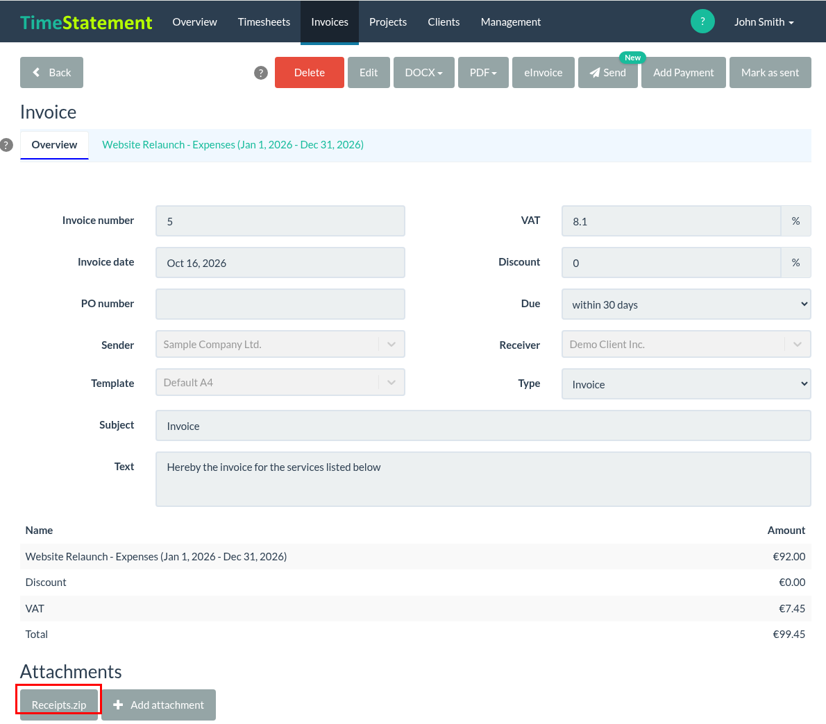 Uploading expense receipts and exporting them for reports and invoices