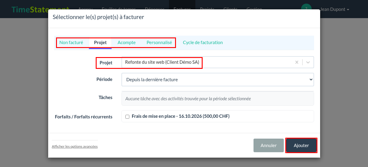 Sélectionner le(s) projet(s) à facturer