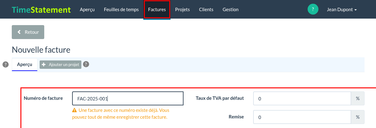 Nouvelle facture – numéro de facture