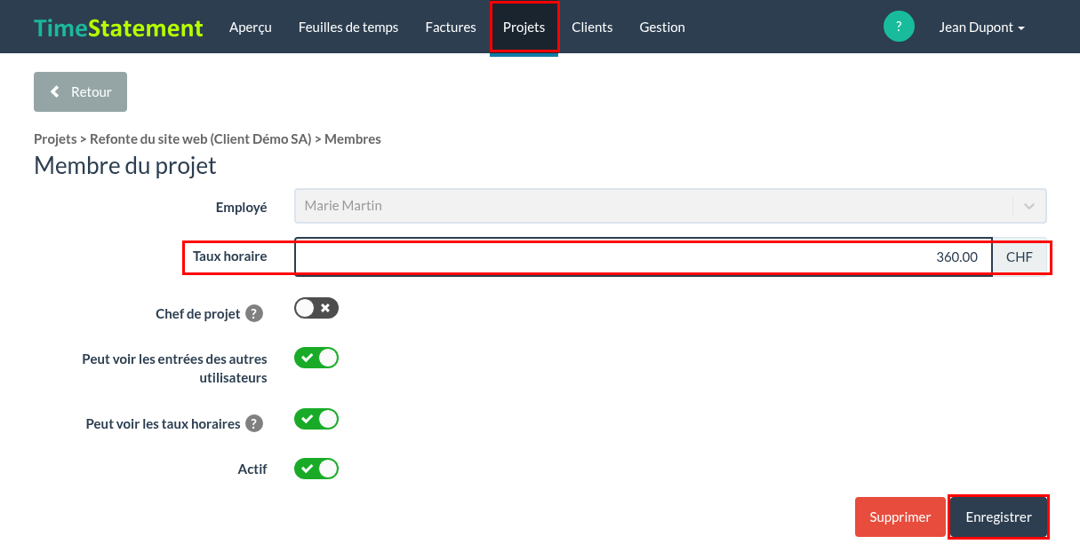 Membre du projet – taux horaire