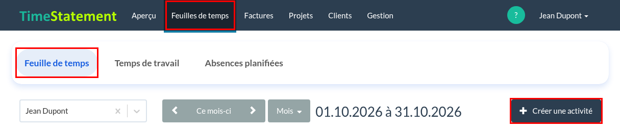 Feuille de temps – Créer une activité