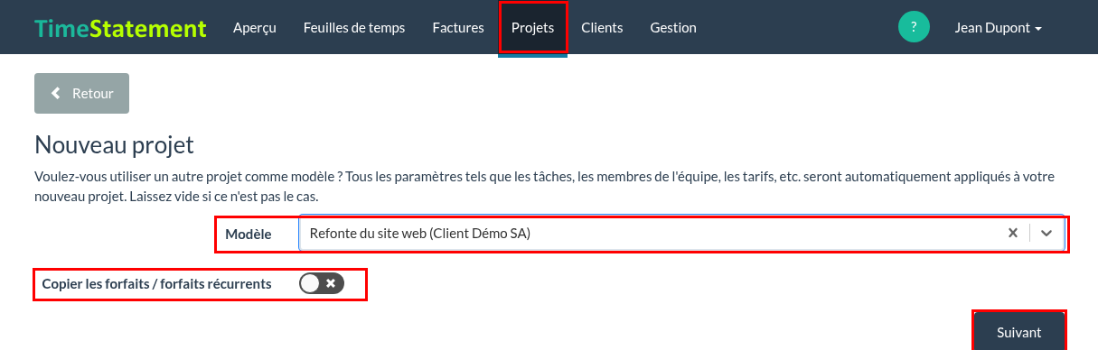 Nouveau projet – modèle