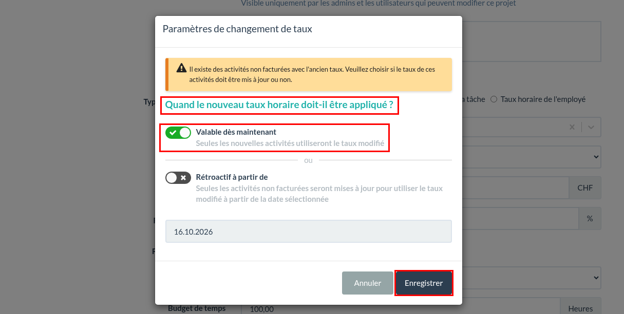 Paramètres de changement de taux