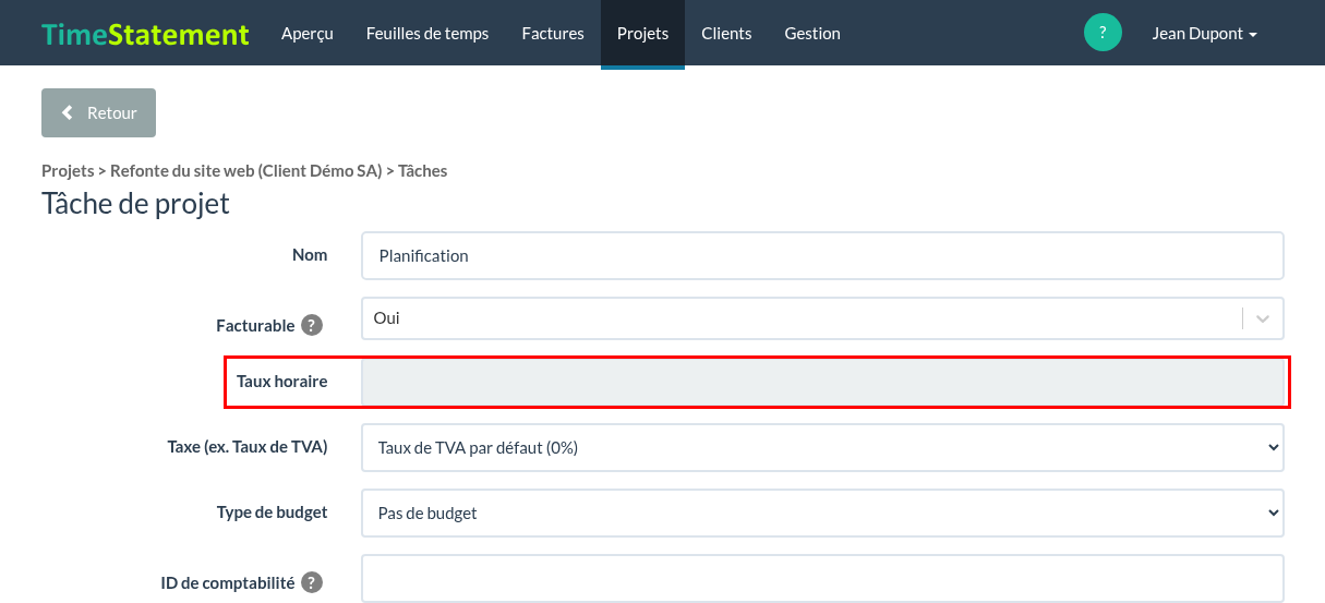 Tâche de projet – taux horaire