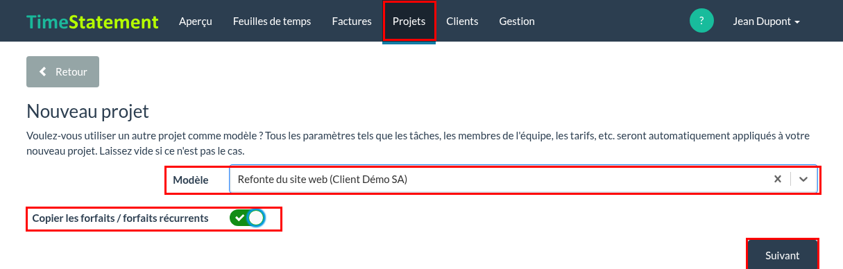 Copier les forfaits / forfaits récurrents