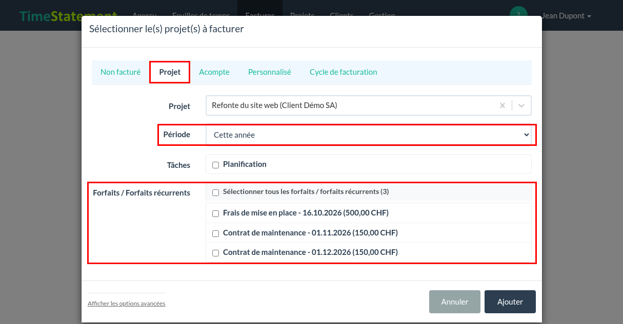 Sélectionner le(s) projet(s) à facturer