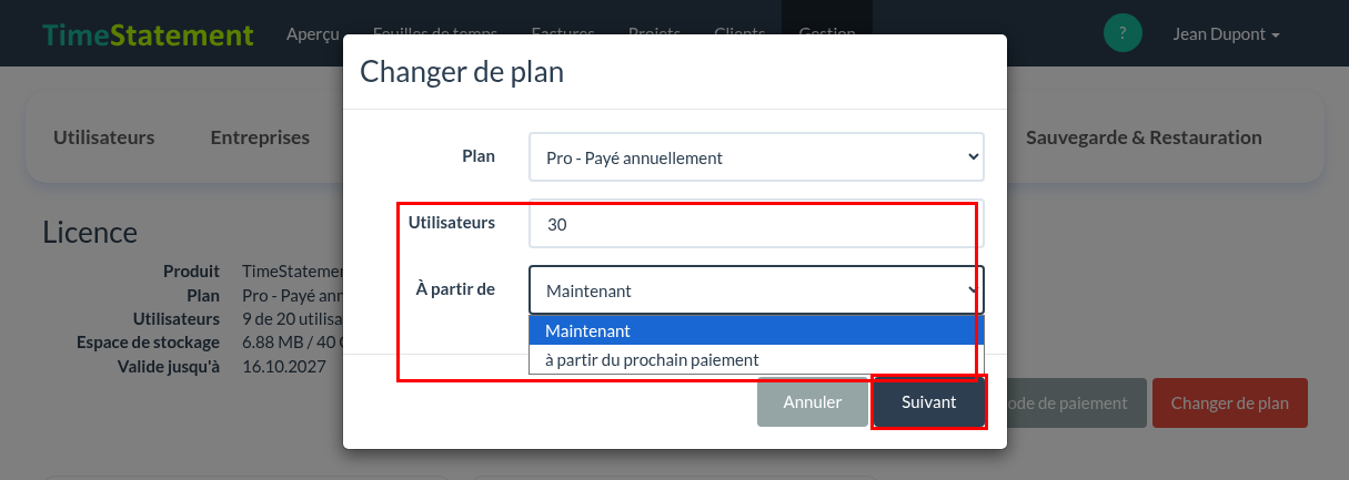 Changer de plan – utilisateurs