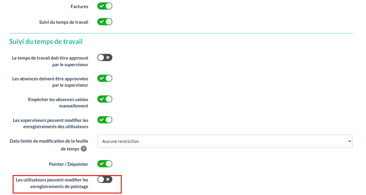 Les utilisateurs peuvent modifier les enregistrements de pointage