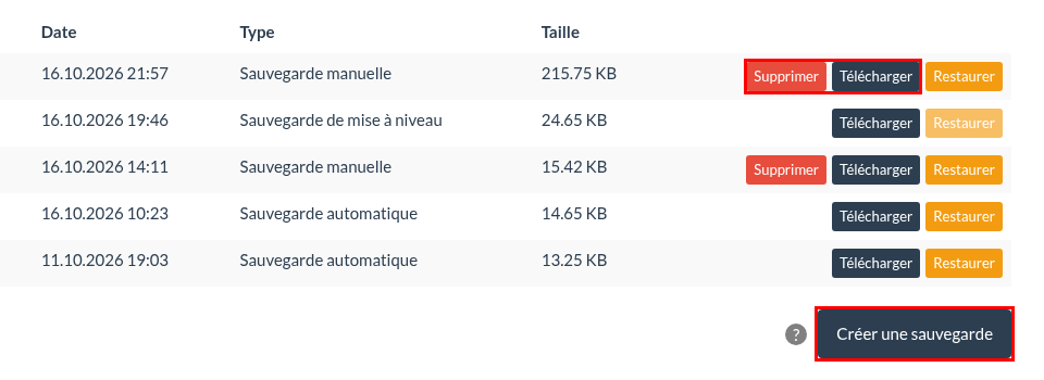 Télécharger et supprimer une sauvegarde manuelle