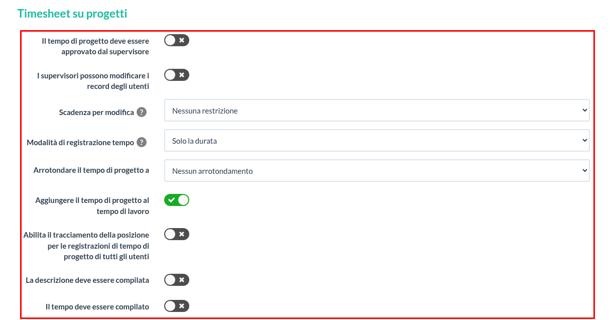 Impostazioni Timesheet su progetti