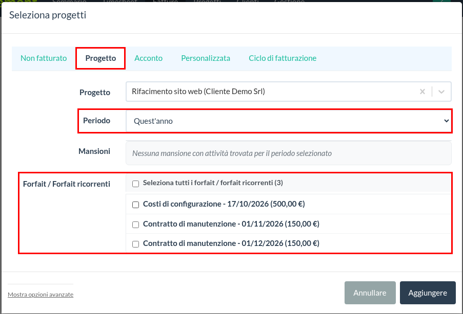 Seleziona progetti: forfait e forfait ricorrenti