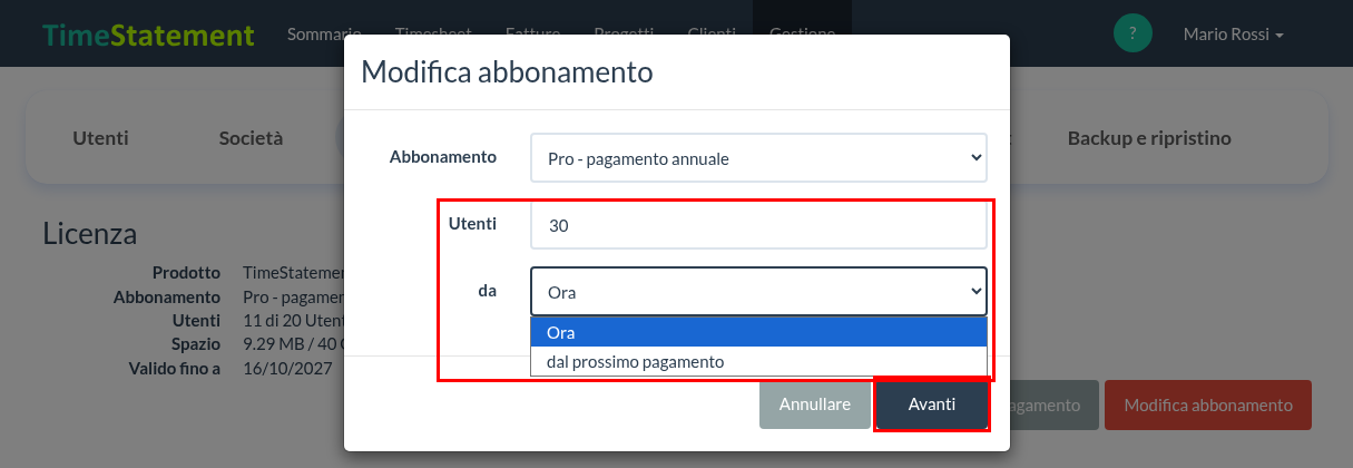 Utenti e data di inizio