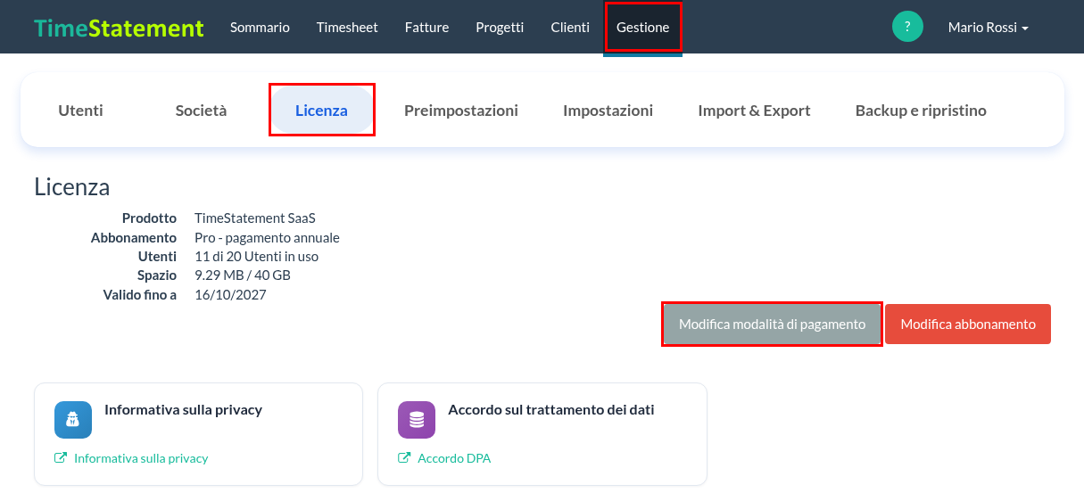 Modifica modalità di pagamento