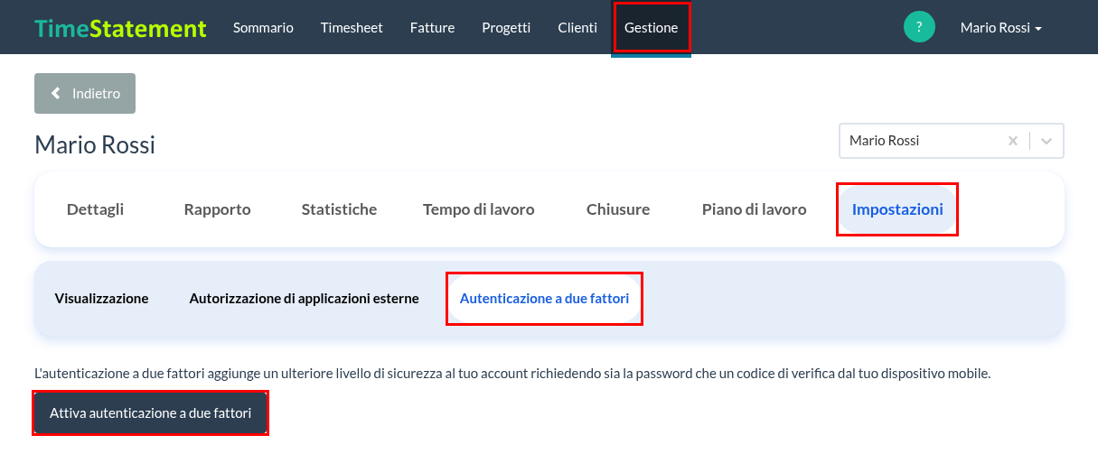 Attiva autenticazione a due fattori