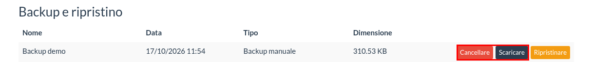 Cancellare e scaricare un backup manuale