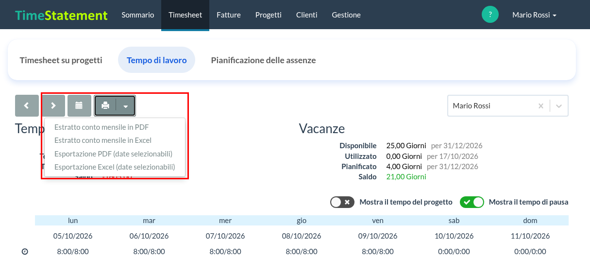 Estratto conto mensile in PDF / Excel