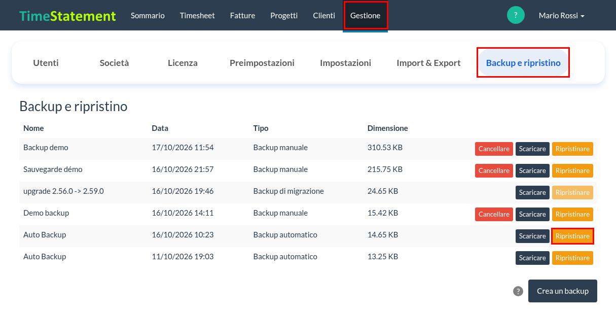 Ripristinare un backup automatico