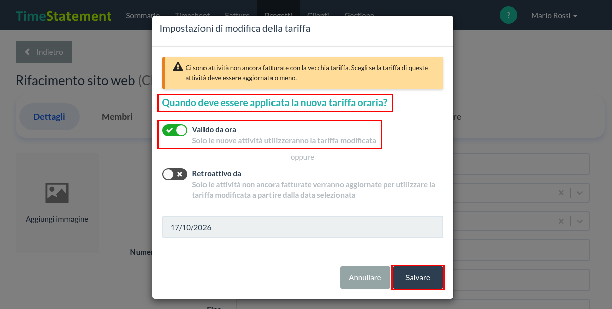 Impostazioni di modifica della tariffa