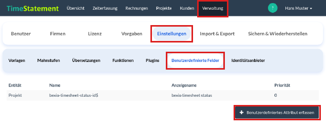 Benutzerdefinierte Felder: Liste und Schaltfläche Benutzerdefiniertes Attribut erfassen
