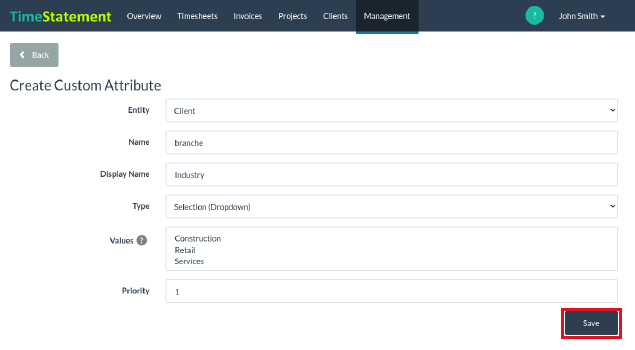 Example: Industry field filled in