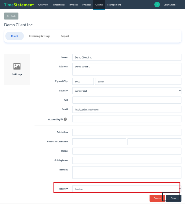 Industry field in the client form