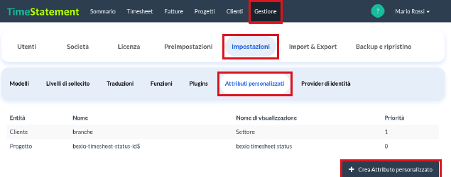 Attributi personalizzati: elenco e pulsante Crea Attributo personalizzato