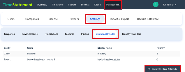 Custom Attributes: list and Create Custom Attribute button