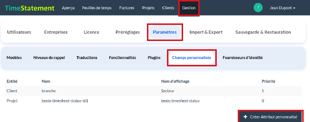 Champs personnalisés : liste et bouton Créer Attribut personnalisé